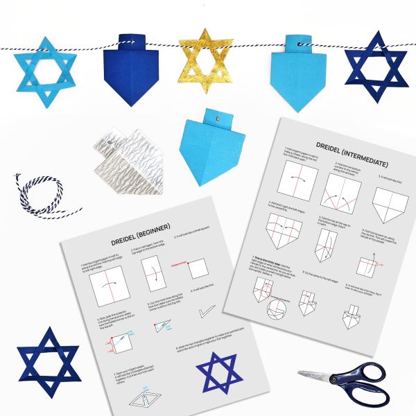 Easy Hanukkah Origami garland with Dreidel and Star of David